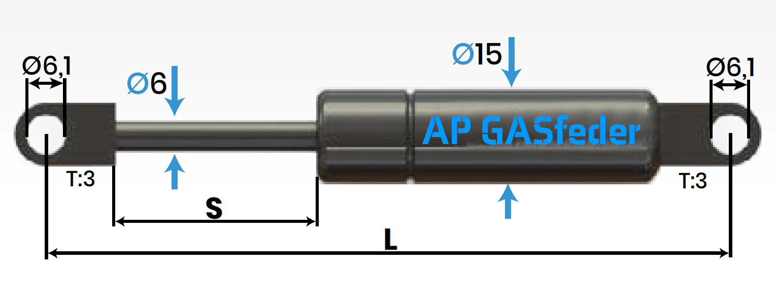 Bild von INOX AISI 304 AP GASfeder Edelstahl 50N, 6/15, Hub(S): 45 mm, Länge (L): 160 mm,  Alternatvie SRST.