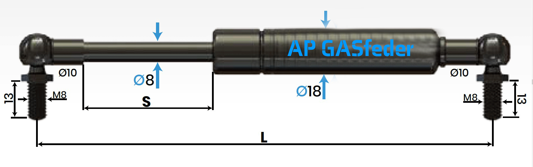 Immagine di AP GASfeder 100N, 8/18, Hub(S): 60 mm, Länge (L): 205 mm,  Alternatvie SRST.