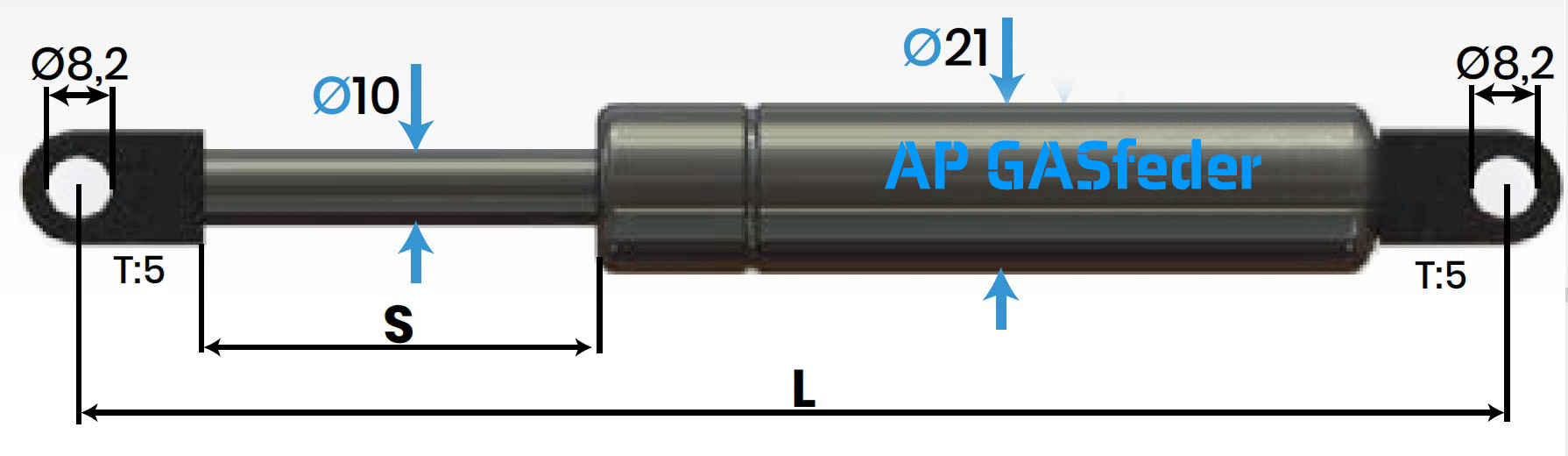 Bild von AP GASfeder 1200N, 10/21, Hub(S): 140 mm, Länge (L): 365 mm,  Alternatvie SRST.