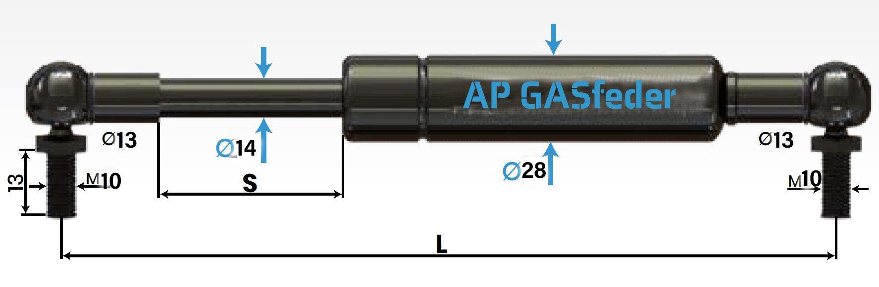 Bild von AP GASfeder 1700N, 14/28, Hub(S): 100 mm, Länge (L): 335 mm,  Alternatvie SRST.2358LL