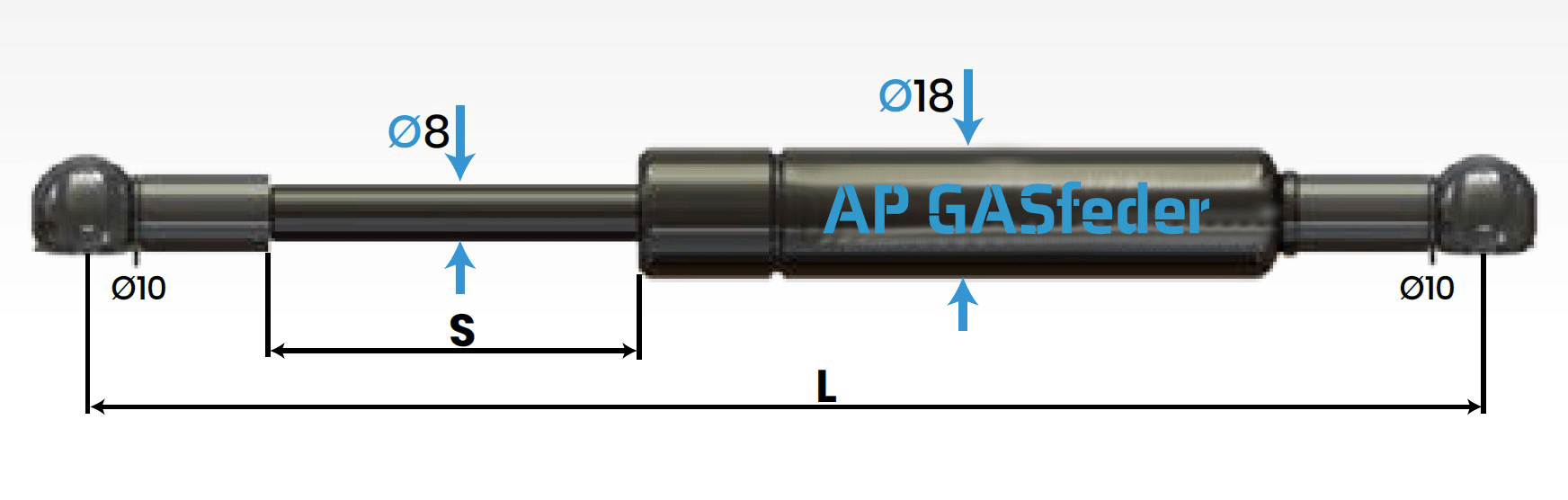 Bild von AP GASfeder 350N, 8/18, Hub(S): 180 mm, Länge (L): 445 mm,  Alternatvie SRST.083902
