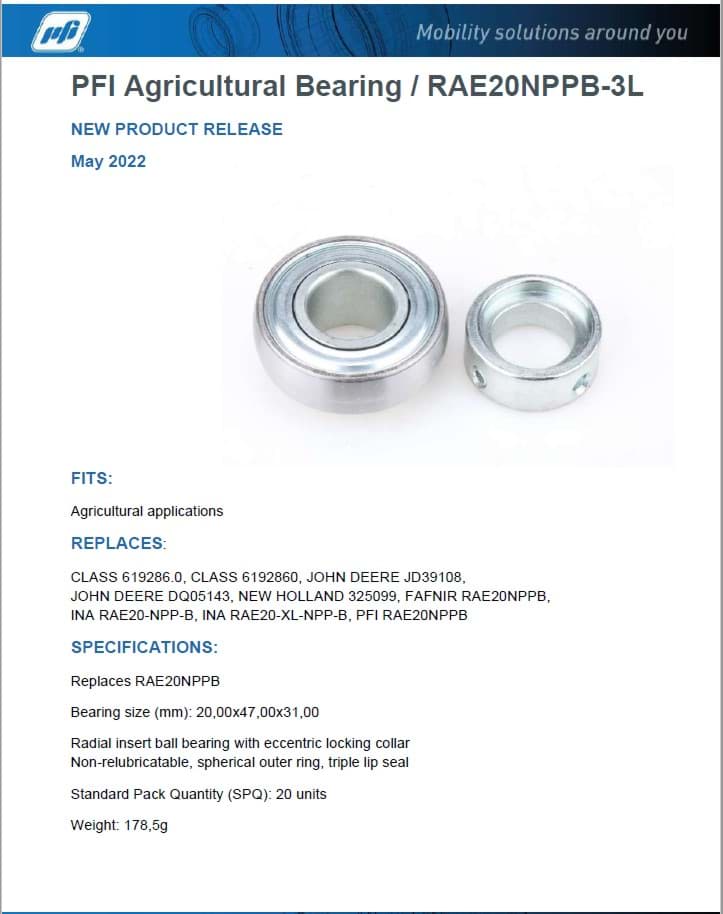 Picture of PFI Agricultural Bearing / RAE20NPPB-3L