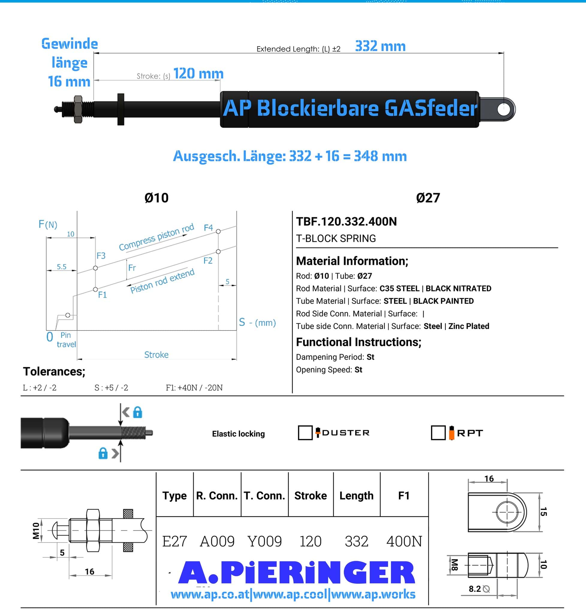 Bild von TBF.2.120.332.400N AP Blockierbare GASfeder 400 N, Hub S: 120 mm, Länge L: 332 mm 
