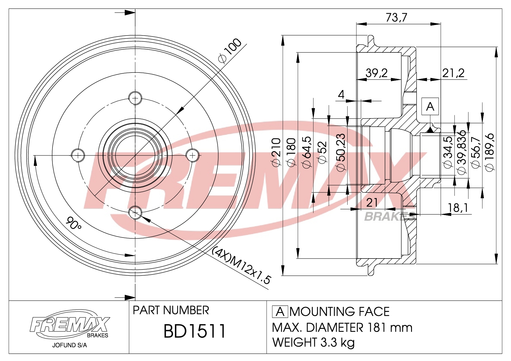 Imagen de BD-1512  B.DRUM HC  für Au 50/Polo Pas 72-04