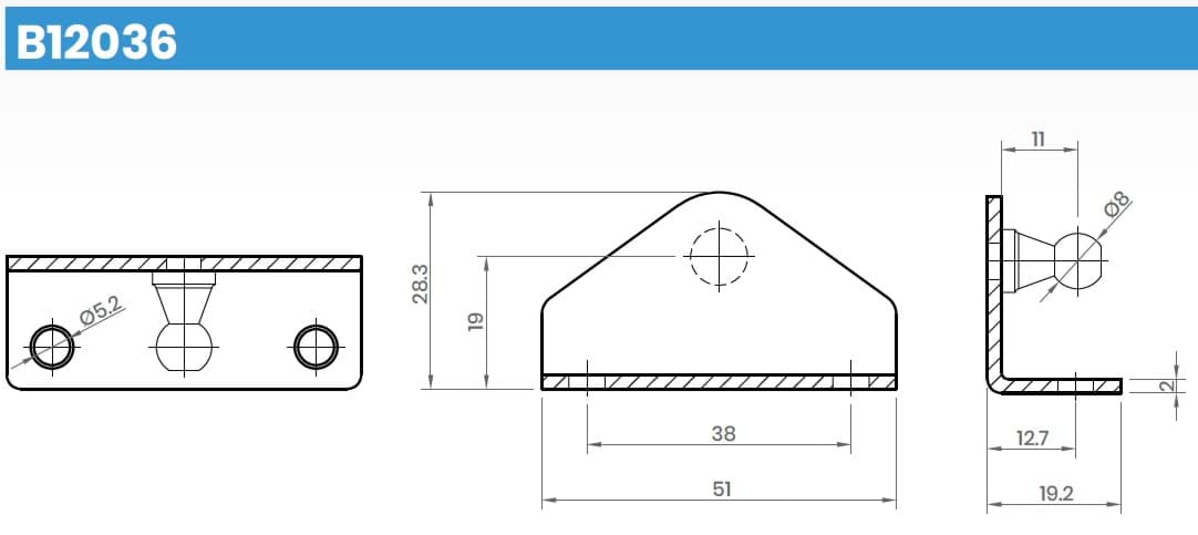 Immagine di B12036-1 Winkelblech (Zn/Black) 51x19,2 mm mit Kugelzapfen 8mm Type: BR8