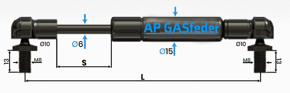 Bild von AP GASfeder 400N, 6/15, Hub(S): 80 mm, Länge (L): 235 mm,  Alternatvie SRST.4928DD