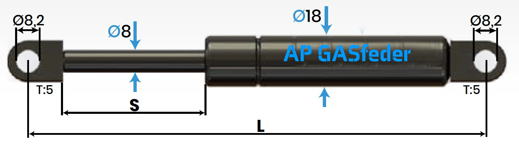 Bild von AP GASfeder 400N, 8/18, Hub(S): 120 mm, Länge (L): 326 mm,  Alternatvie SRST.