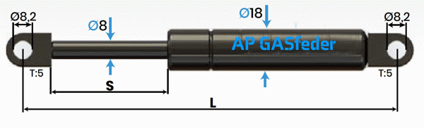 Bild von AP GASfeder 600N, 8/18, Hub(S): 200 mm, Länge (L): 486 mm,  Alternatvie SRST.084646