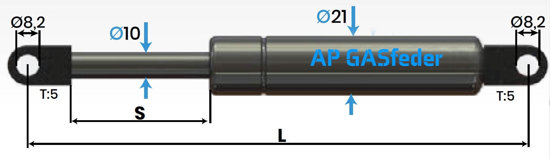 Bild von AP GASfeder 1000N, 10/21, Hub(S): 80 mm, Länge (L): 245 mm,  