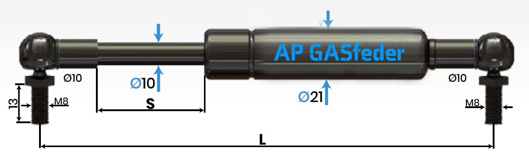 Bild von AP GASfeder 900N, 10/21, Hub(S): 100 mm, Länge (L): 285 mm,  Alternatvie SRST.085146