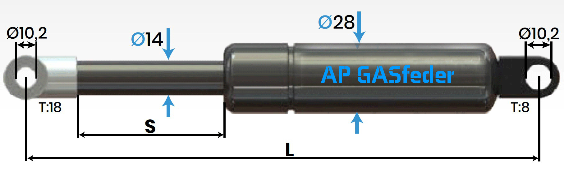 Bild von AP GASfeder 1100N, 14/28, Hub(S): 500 mm, Länge (L): 1102 mm,  Alternatvie SRST.2114LP