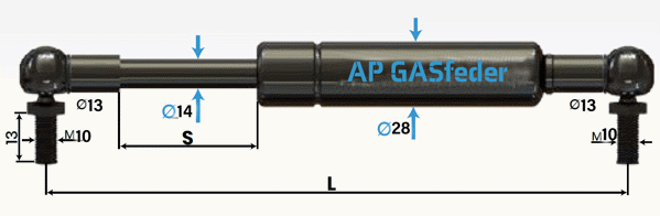 Bild von AP GASfeder 1900N, 14/28, Hub(S): 150 mm, Länge (L): 435 mm,  Alternatvie SRST.2364LZ