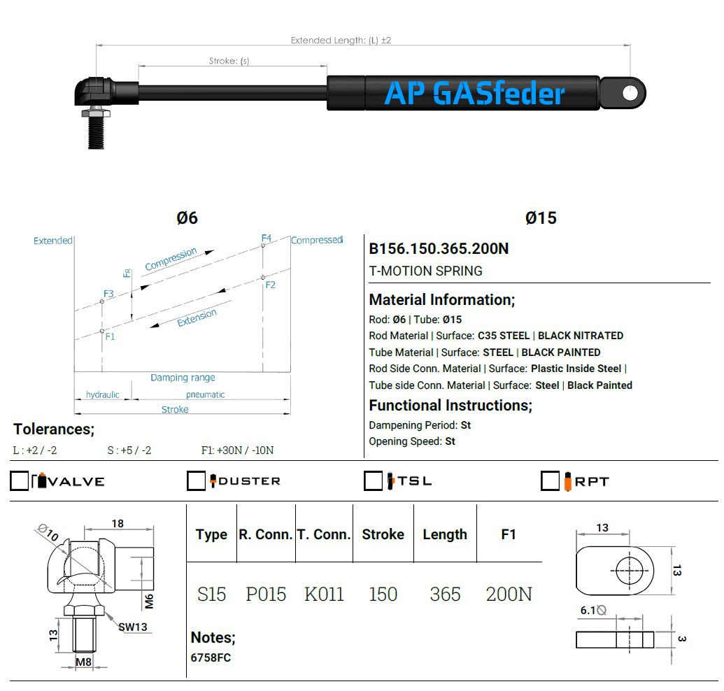 Bild von AP GASfeder  B156.150.365.200N 365lg 200N Auge Ø 6-Winkelgelenk M8