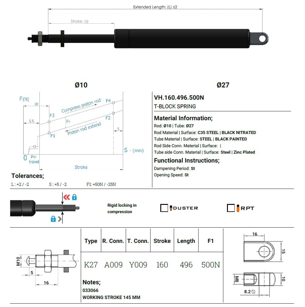 Image de AP Gasfeder Blockierbar 500N Länge 496 mm Arbeitshub 145 mm VH.160.496.500N Alternative für 033066