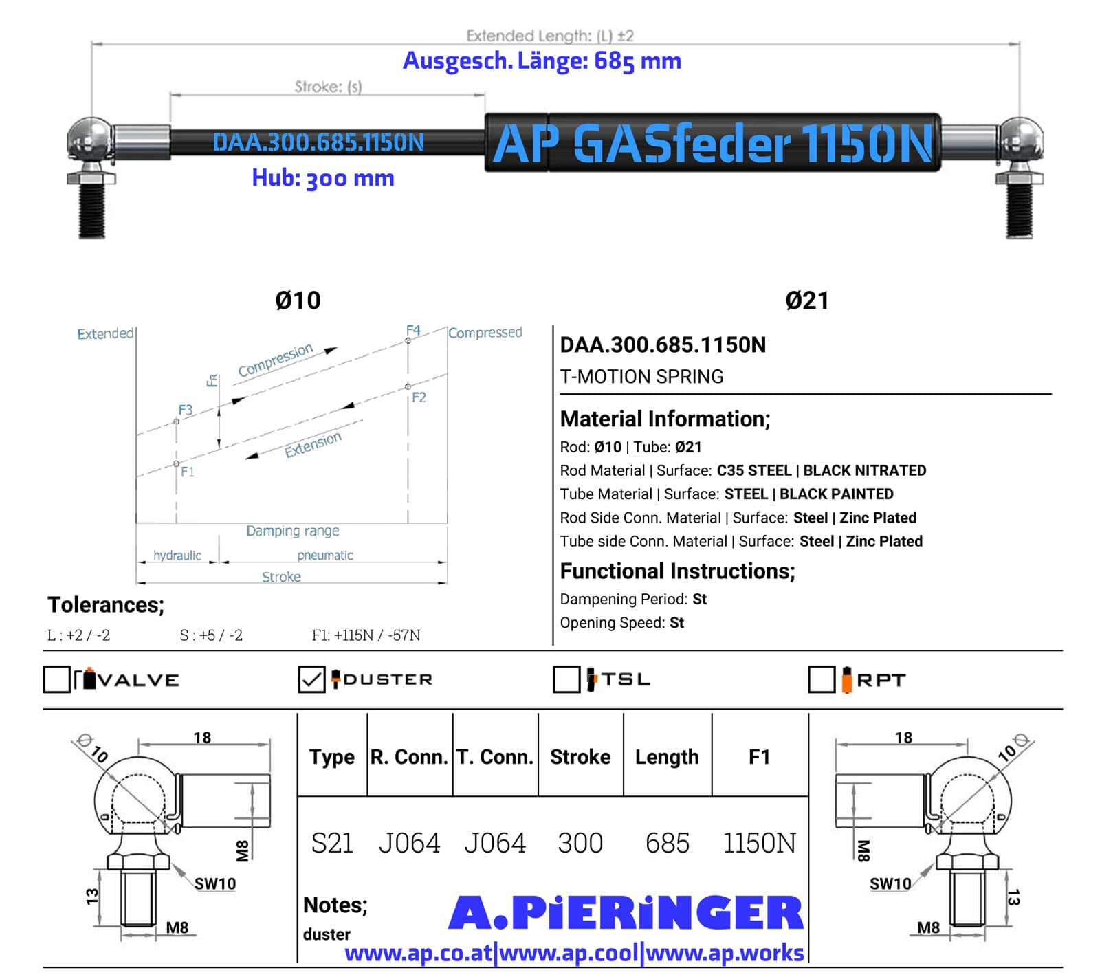 Image de AP GASfeder 1150N, 10/21, Hub(S): 300 mm, Länge (L): 685 mm,  Alternatvie SRST.095435