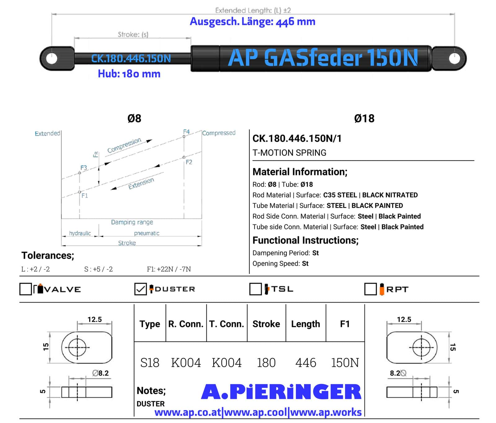 Image de AP GASfeder 150N, 8/18, Hub(S): 180 mm, Länge (L): 446 mm,  Alternatvie SRST.094803