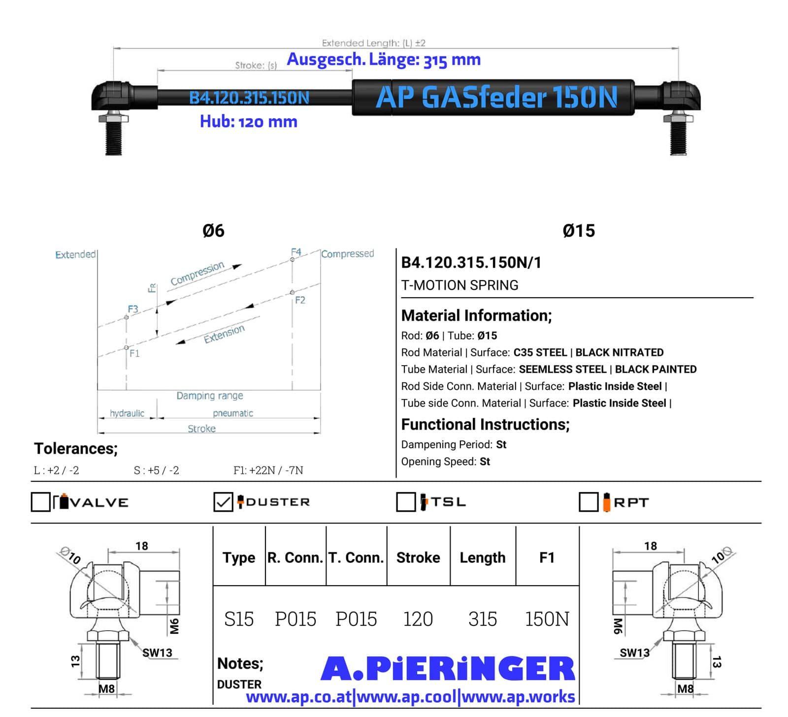 Immagine di AP GASfeder 150N, 6/15, Hub(S): 120 mm, Länge (L): 315 mm,  Alternatvie SRST.5031DG