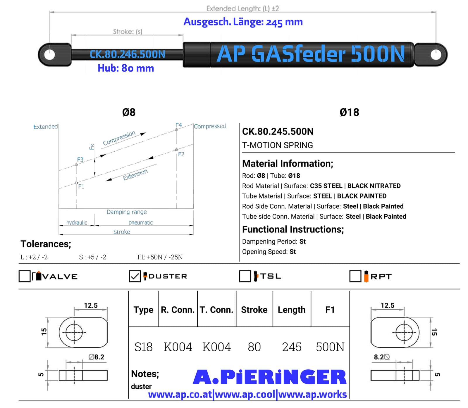 Imagen de AP GASfeder 500N, 8/18, Hub(S): 80 mm, Länge (L): 246 mm,  Alternatvie SRST.084093