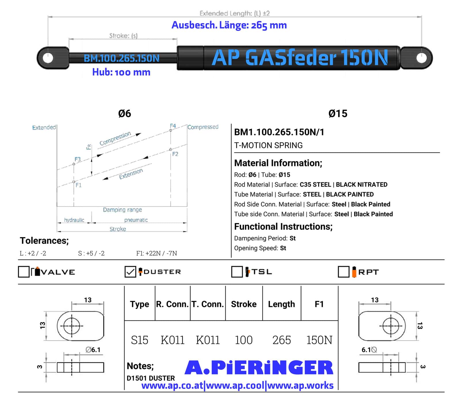 Immagine di AP GASfeder 150N, 6/15, Hub(S): 100 mm, Länge (L): 265 mm,  Alternatvie SRST.082503