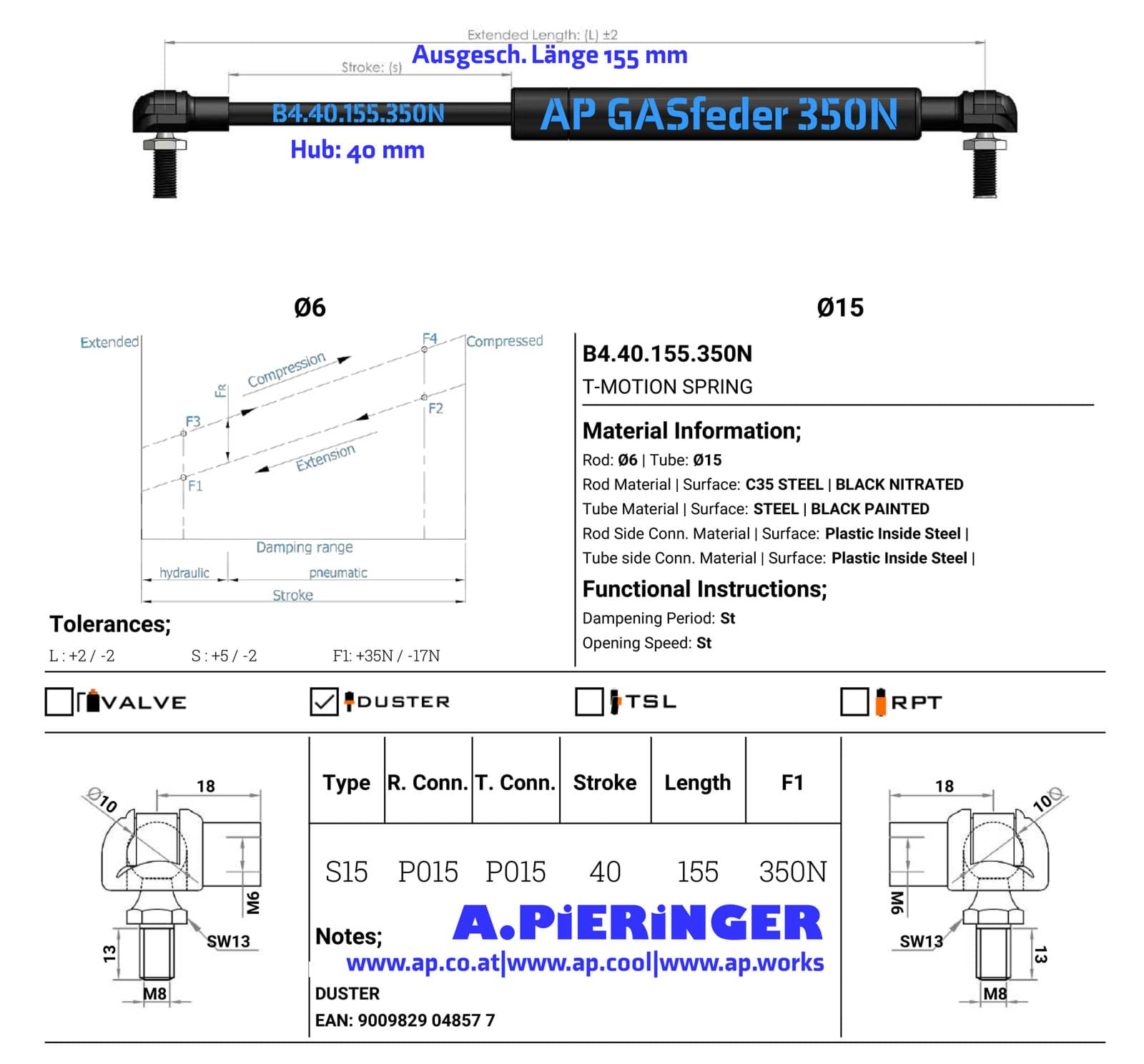 Immagine di AP GASfeder 350N, 6/15, Hub(S): 40 mm, Länge (L): 155 mm,  Alternatvie SRST.4857DY