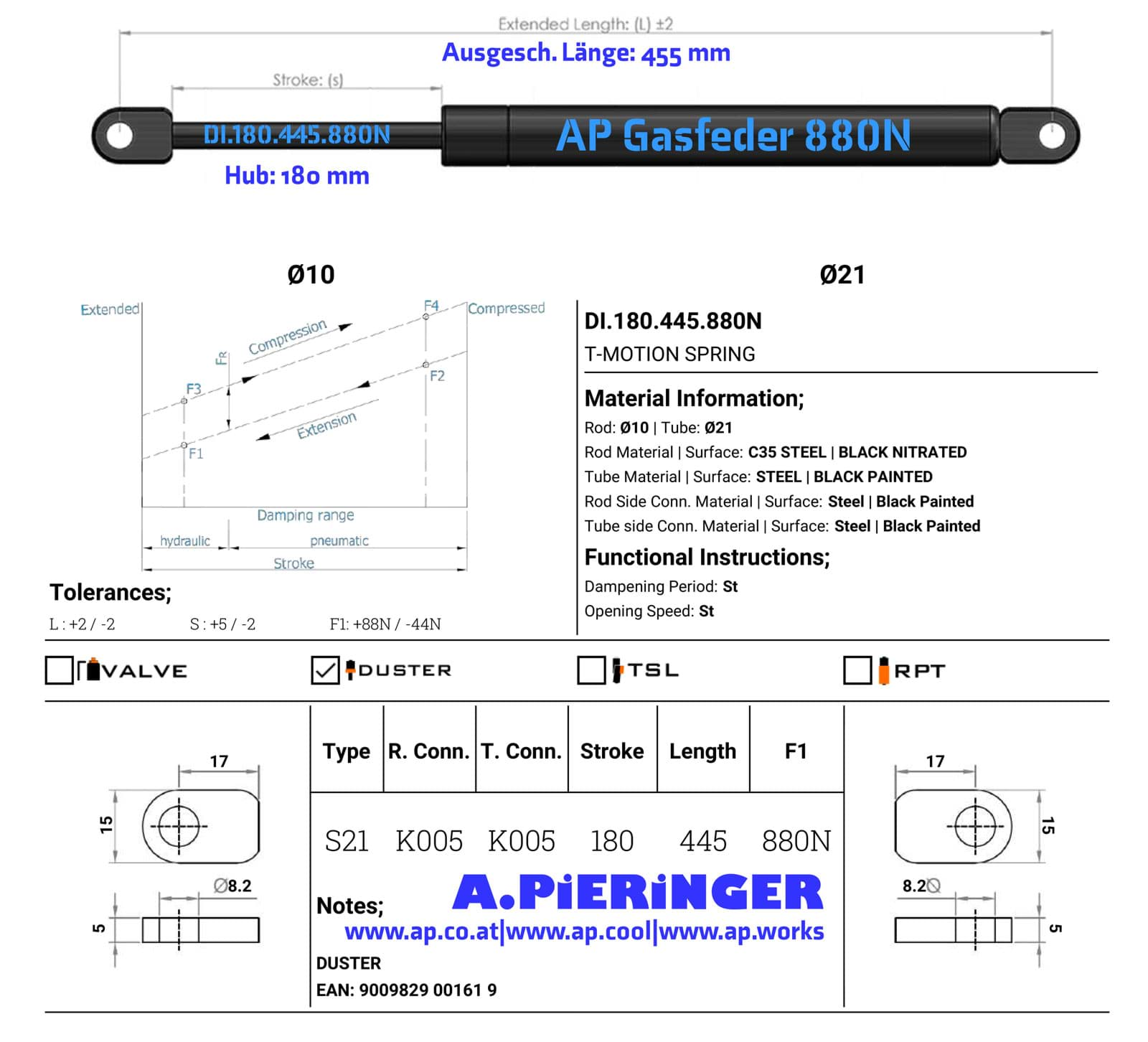 Immagine di AP GASfeder 880N, 10/21, Hub(S): 180 mm, Länge (L): 445 mm,  Alternatvie SRST.0161KU