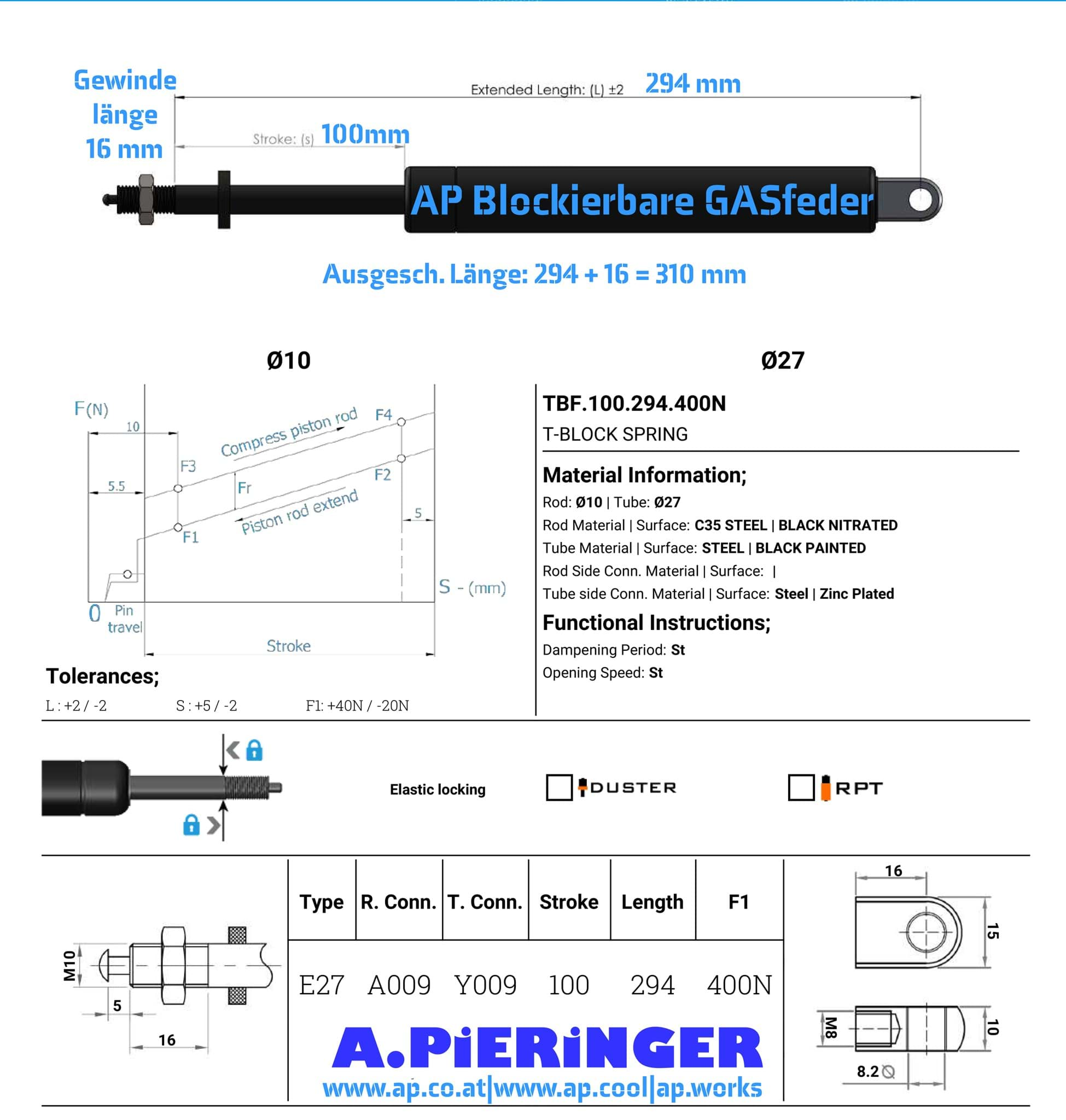 Picture of TBF.2.100.294.400N AP Blockierbare GASfeder 400 N, Hub S: 100 mm, Länge L: 294 mm 