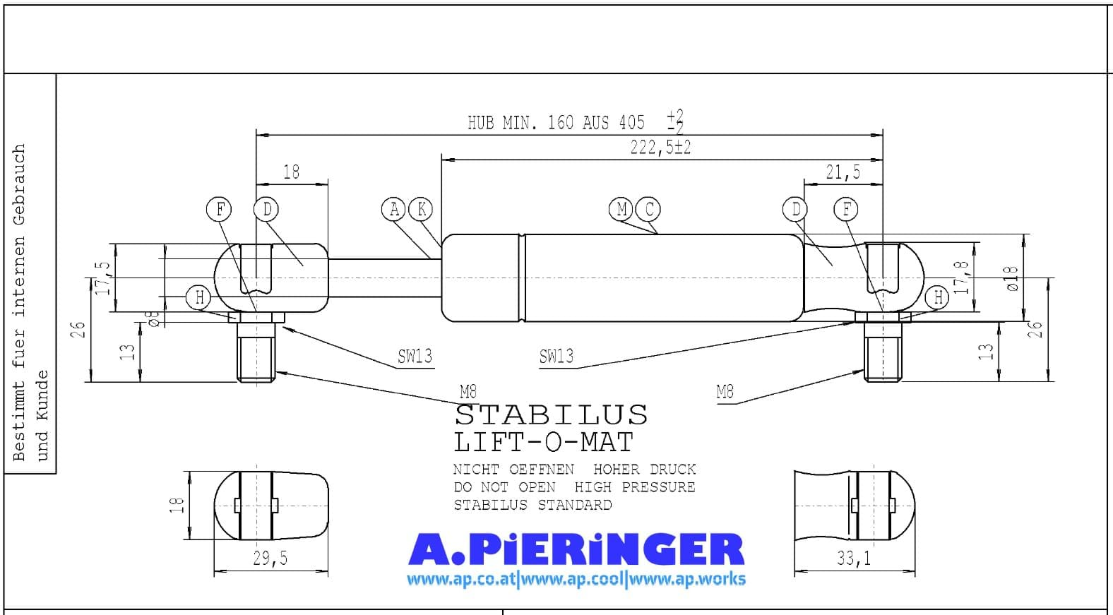 Imagen de Gasfeder Stabilus Lift-o-MAT 083615 0500N  Lang 405 Gelenk M8 Ersatz f. 752851 (Werksbestellung)