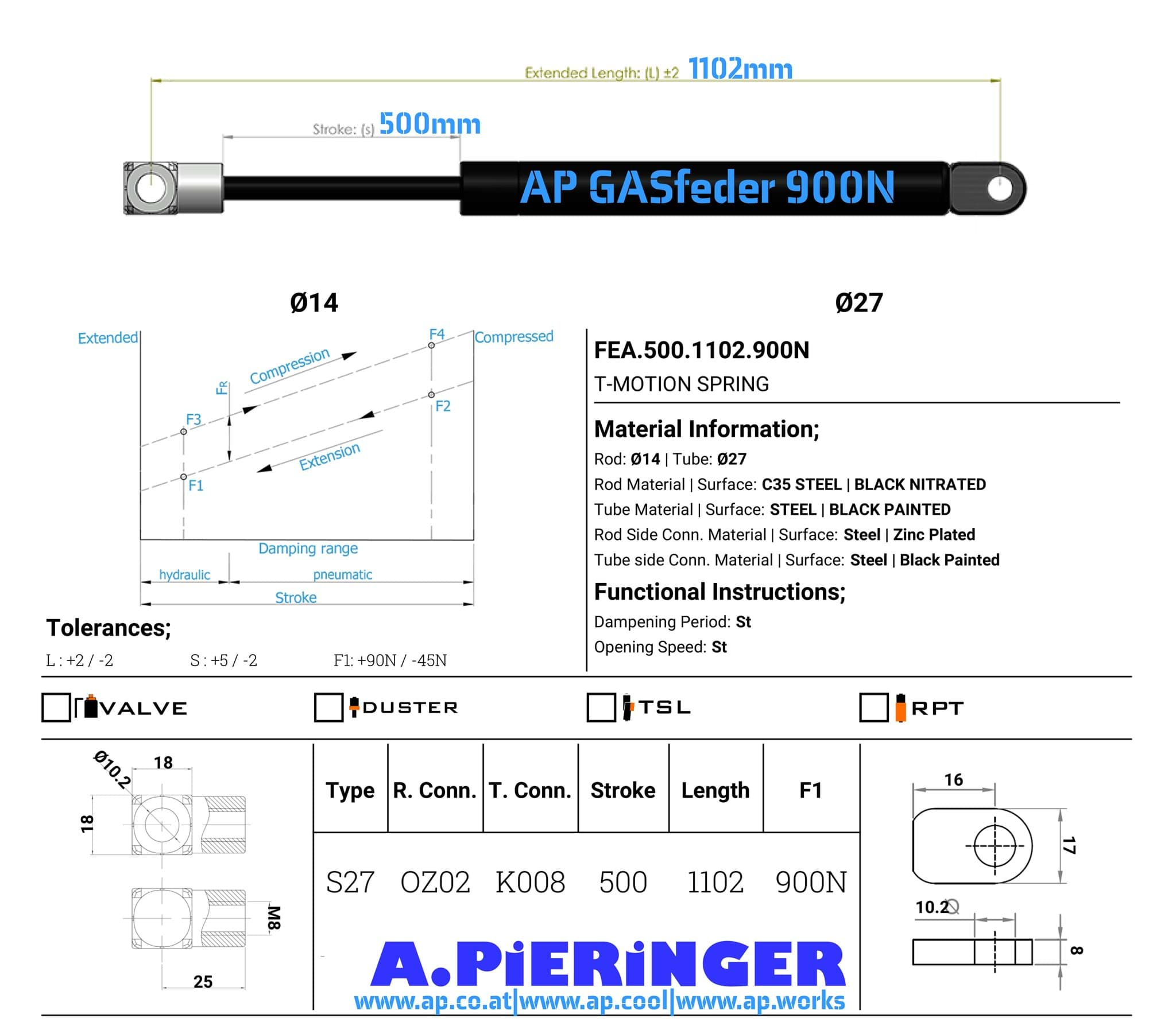 Bild von AP GASfeder 900N, 14/28, Hub(S): 500 mm, Länge (L): 1102 mm,  Alternatvie SRST.2112LZ