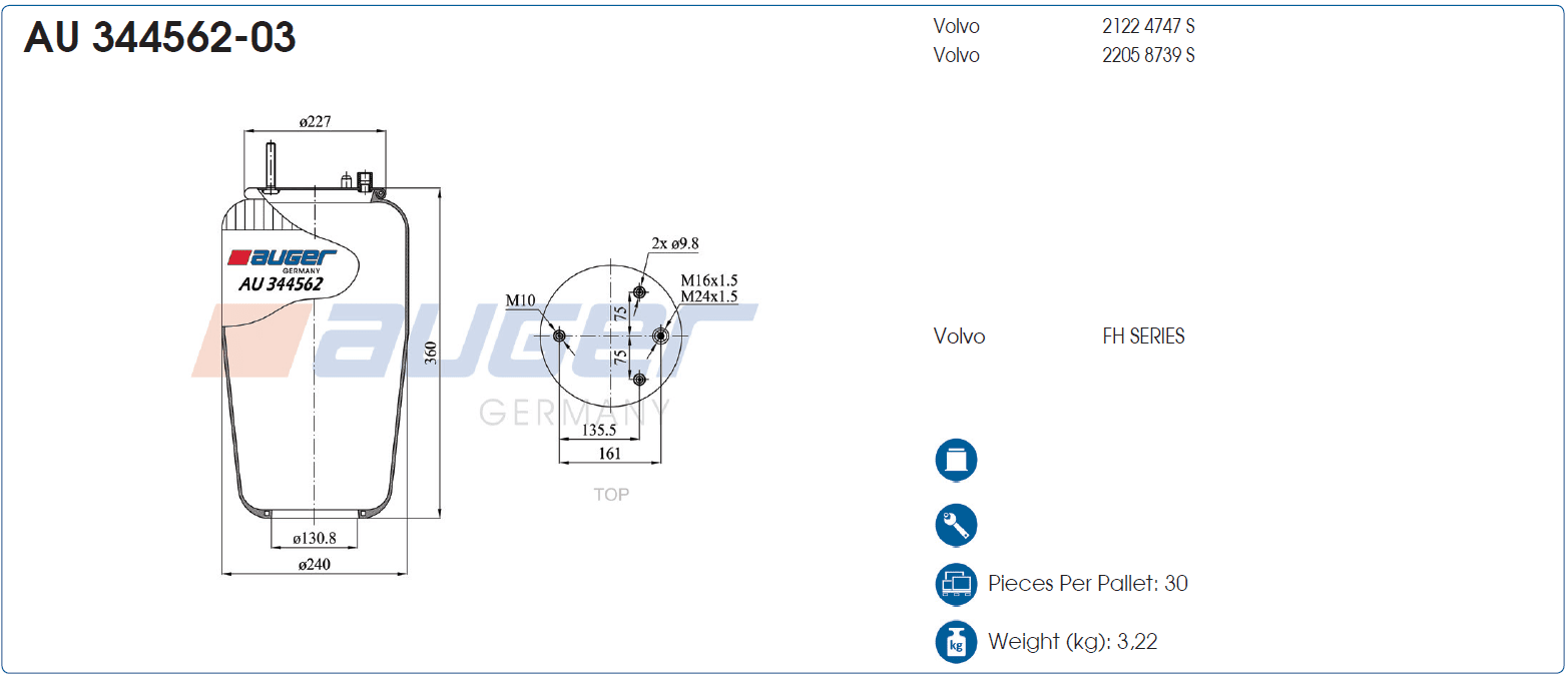 Bild von AU 344562-03 Auger Luftfederbalg ø130,8xø240x360 passend für VOLVO