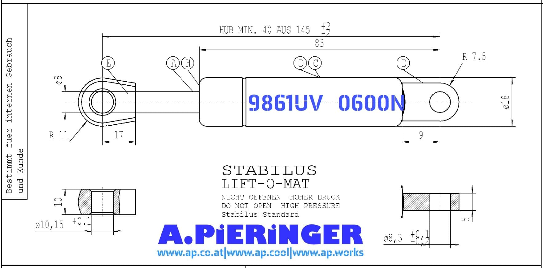 Image de Stabilus 9861UV 0600N LIFT-O-MAT Gasfeder (Werksbestellung LZ siehe Text)