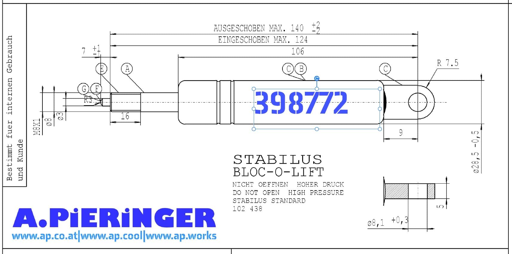 Bild von Stabilus 398772 620N BLOC-O-LIFT Gasfeder