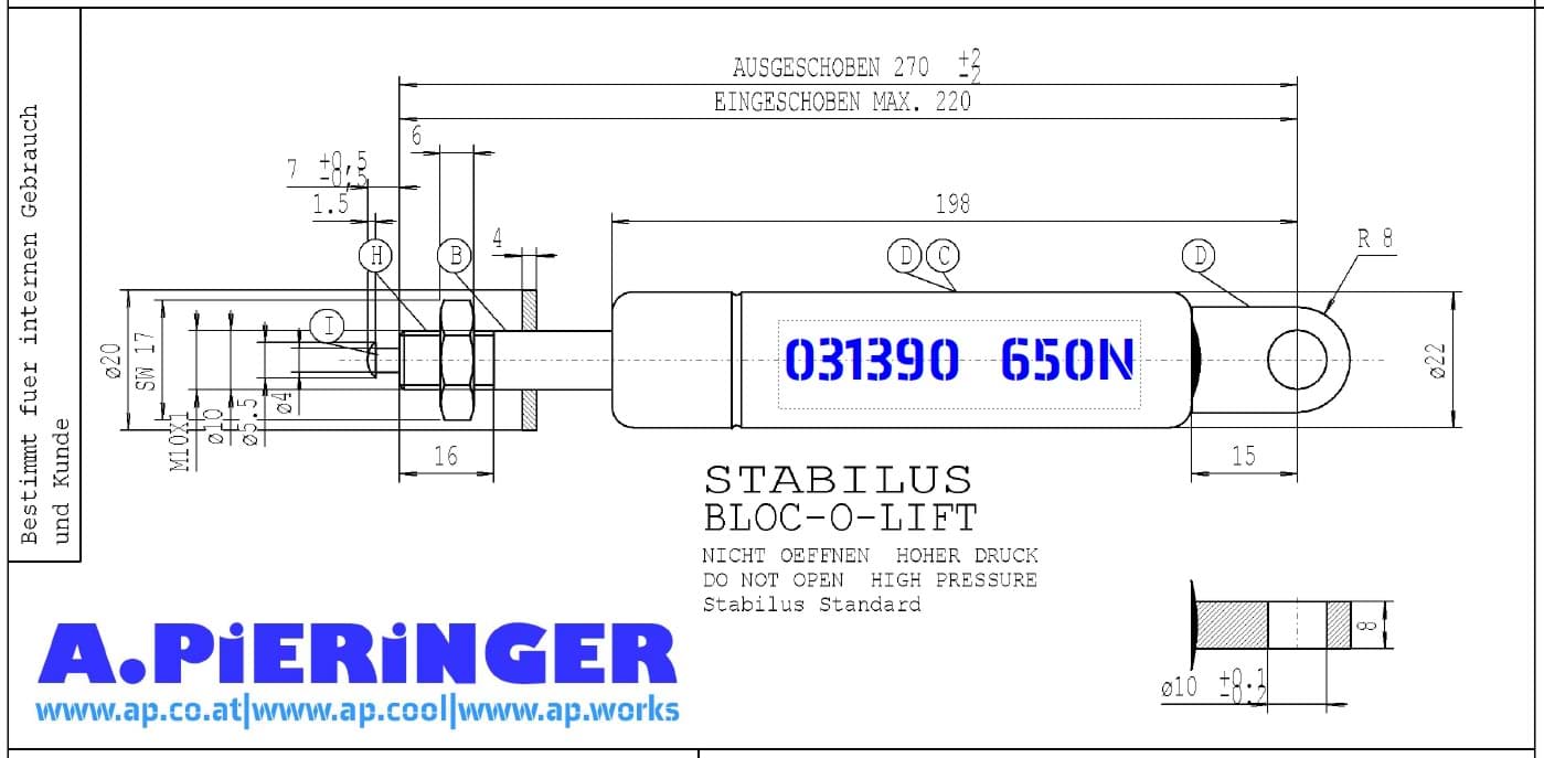 Picture of Stabilus 031390 650N BLOC-O-LIFT Gasfeder (Werksbestellung LZ siehe Text)
